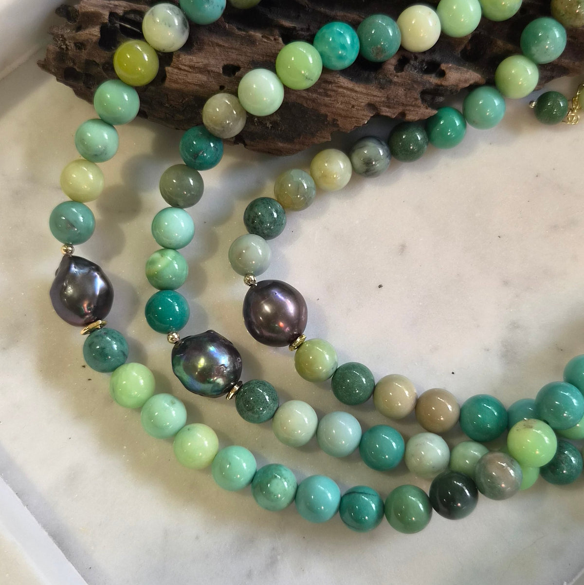 Veridis Green Grass Agate and Black Baroque Pearl Necklace
