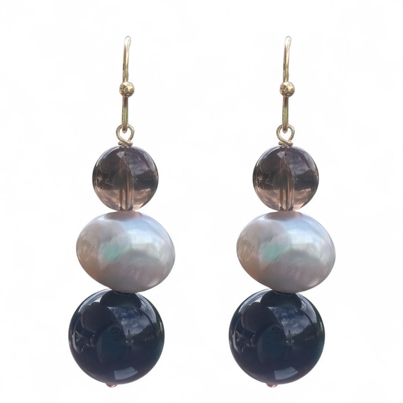 Vittoria Onyx, Smokey Quartz and Pearl Earrings