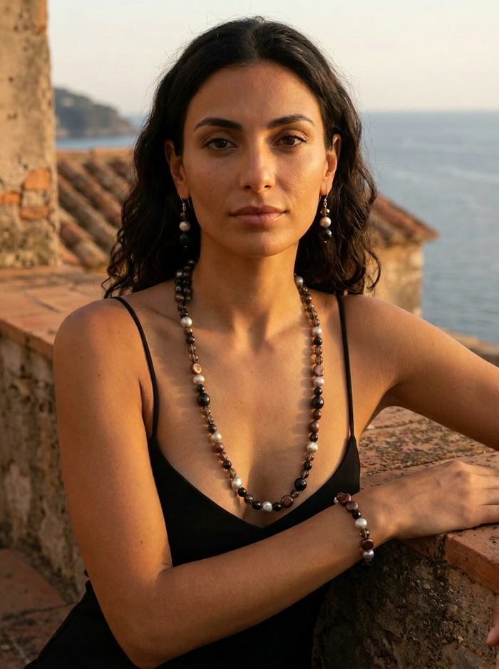 Vittoria Onyx, Smokey Quartz and Pearl Earrings necklace and bracelet