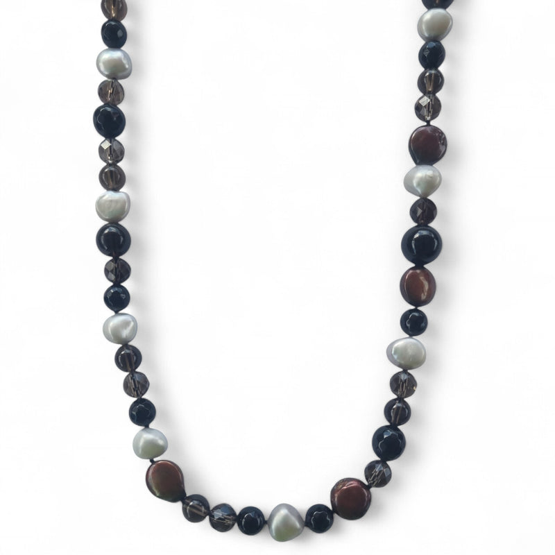 Vittoria Onyx, Smokey Quartz and Pearl Long Necklace