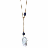 Amis Baroque Freshwater Pearl Slider Drop Chain Necklace Lapis Lazuli