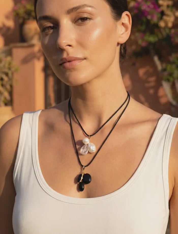 La Petite Adjustable Sliding Cord necklaces-Black onyx or Clear quartz and pearl
