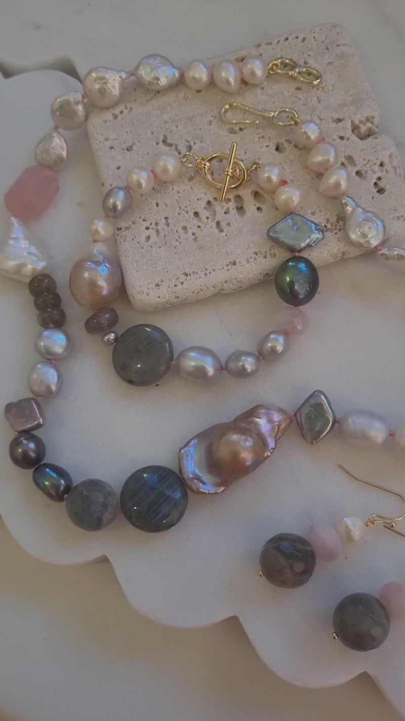 Terravita Pearl, Labradorite and Kunzite Earrings, necklace and bracelet