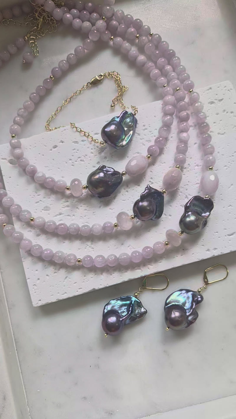 Astra Kunzite and Freshwater Baroque Grey Pearl Necklace