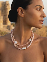 Umi Baroque Pearl necklaces Sunstone and Cherry Blossom Agate or Pink Opal