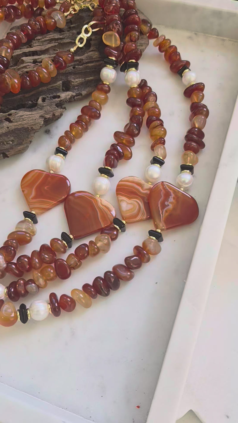 Mood Necklace with Carnelian and Onyx, Freshwater Pearl