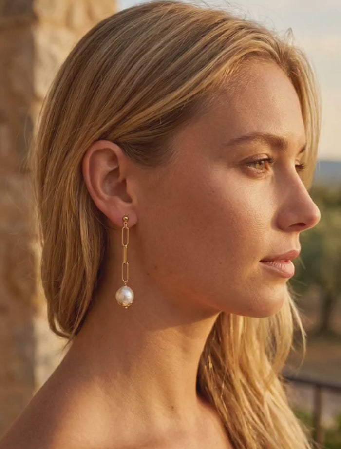 Charlene Paperclip Chain Freshwater Pearl Stud Earrings