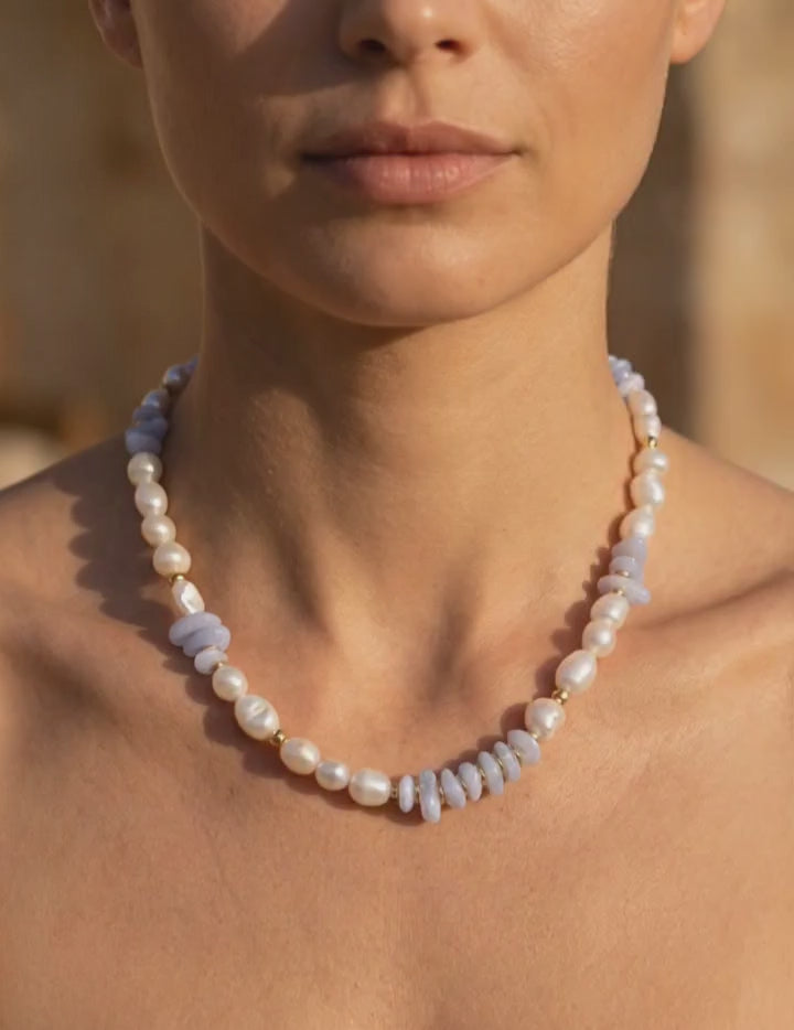 Farra Blue Lace Agate and Pearl Necklace