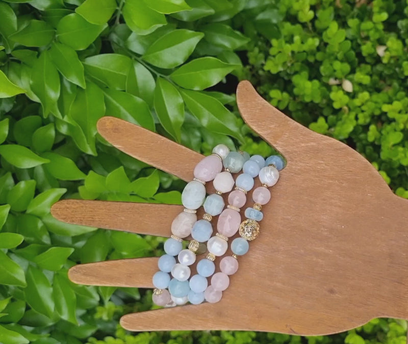 Bea Aquamarine, Rose Quartz, Morganite, Amazonite & Freshwater Pearl bracelets