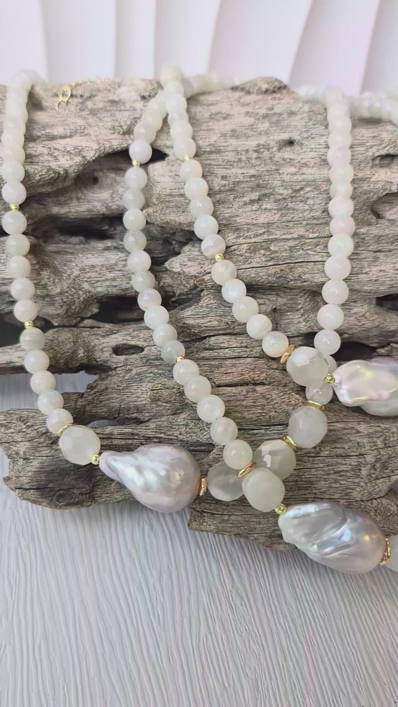 Selunara Moonstone and GreyWhite Baroque Freshwater Pearl Necklace