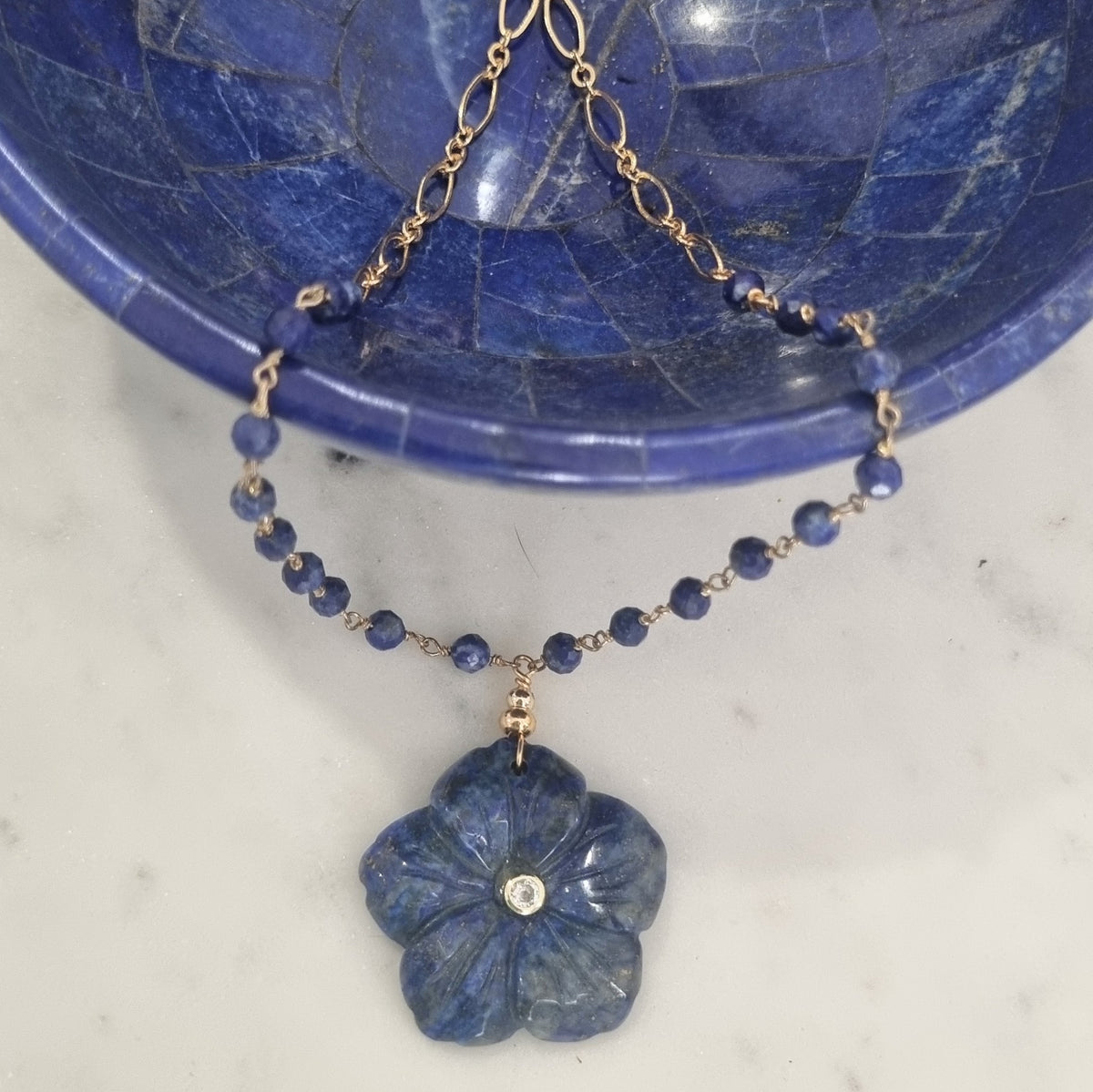 Luna hand carved Lapis Lazuli Flower pendant necklace
