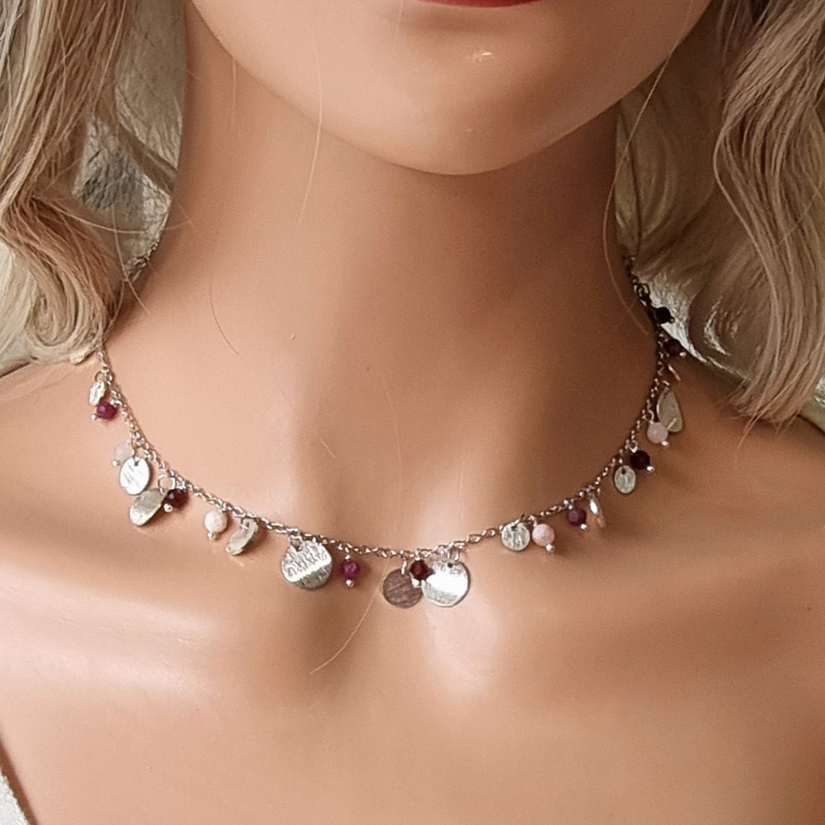 Tiny Brushed Disc Charm Necklace with Ruby Pink Opal and Garnet