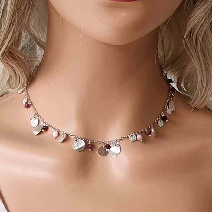 Tiny Brushed Disc Charm Necklace with Ruby Pink Opal and Garnet