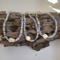 Celeste Blue Lace Agate and Keshi Pearl Necklace