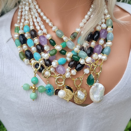 Brielle Pearl and Gemstone Necklace Available in 7 gemstones