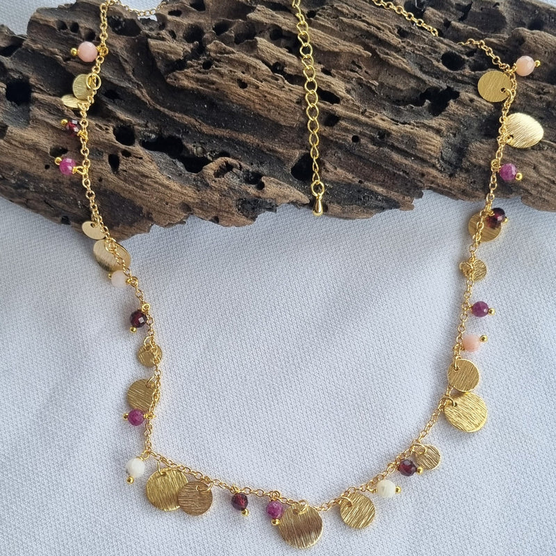 Tiny Brushed Disc Charm Necklace with Ruby Pink Opal and Garnet