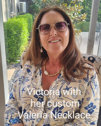 Beautiful Victoria wearing her custom Valeria Necklace, thoughtfully designed with an added luminous baroque pearl for extra elegance