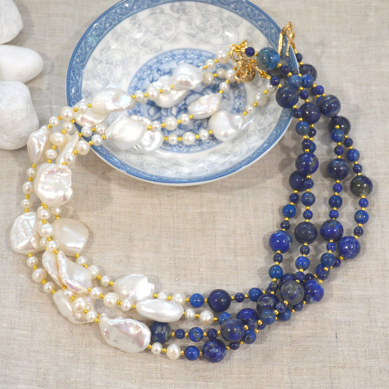 Sea Dreaming long hoop Lapis Lazuli and Pearl Gold or Silver Earrings