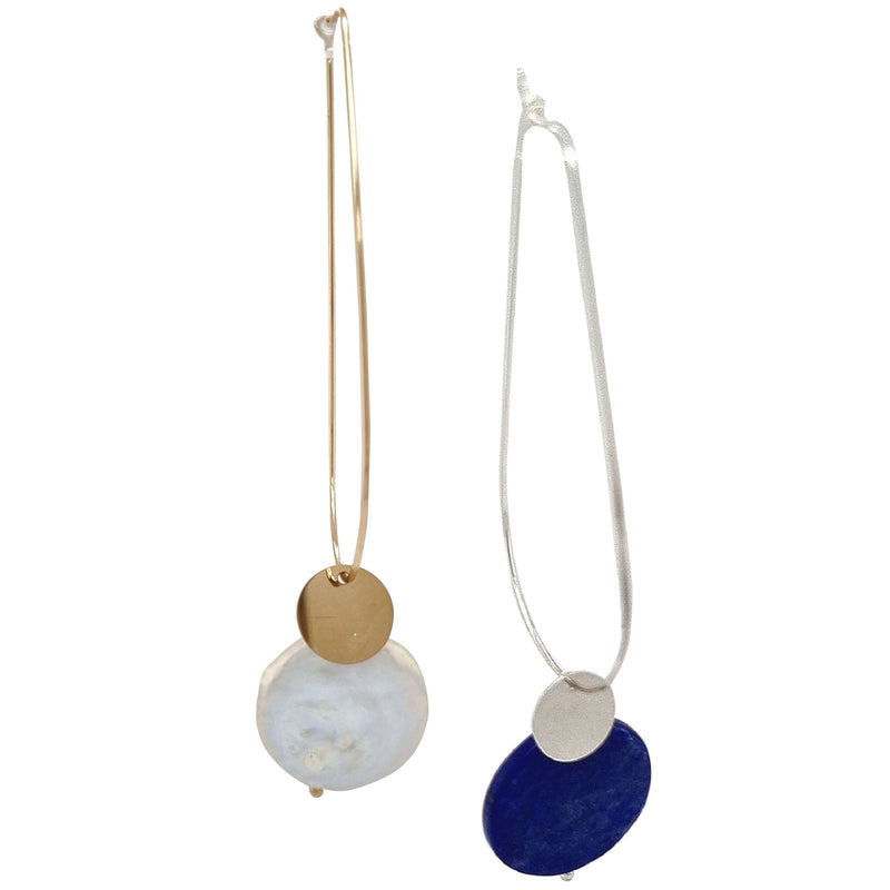 Sea Dreaming long hoop Lapis Lazuli and Pearl Gold or Silver Earrings