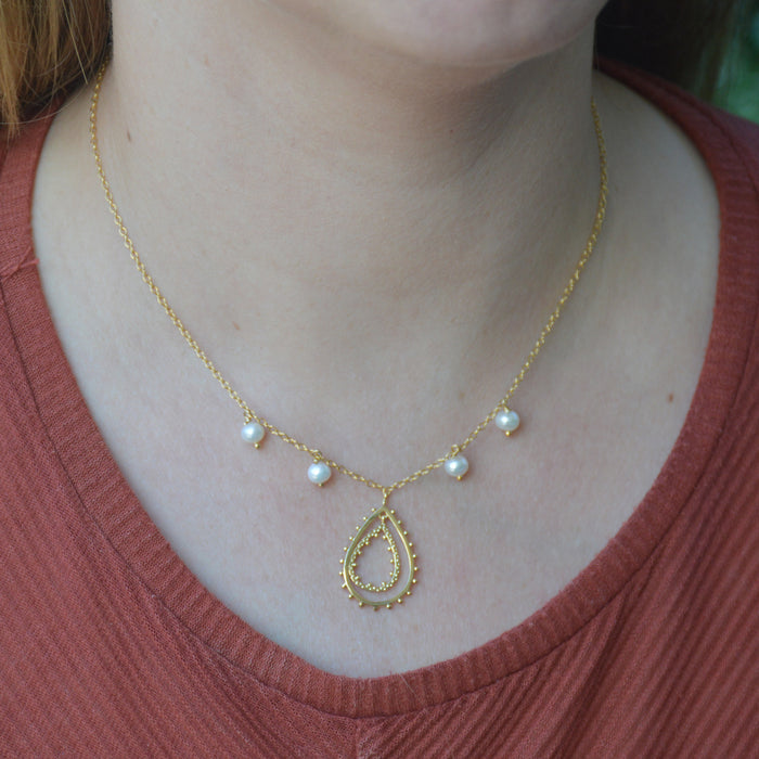 Double Teardrop Pearl Gold or Silver Necklace