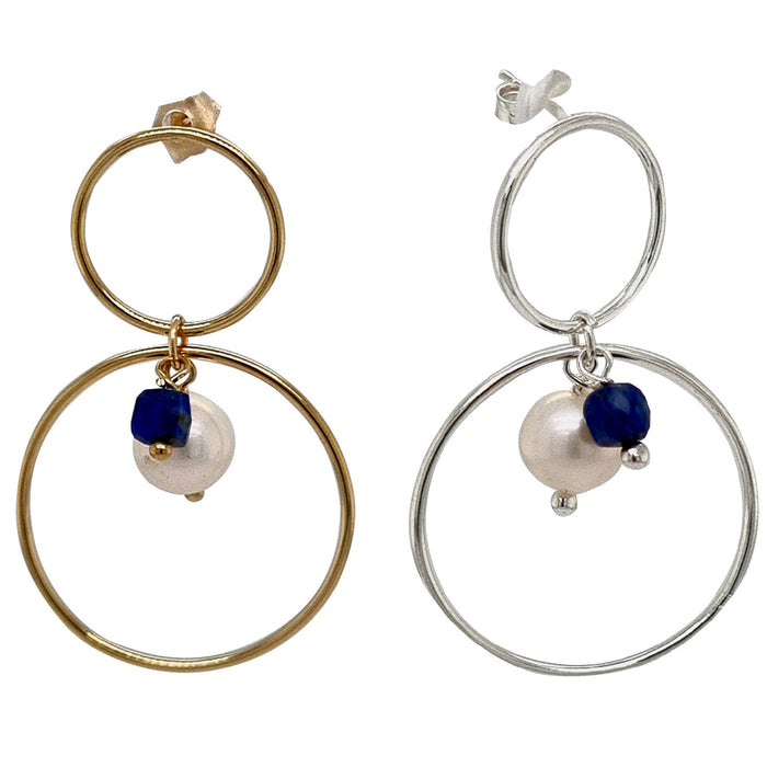 Sea Dreaming double drop ring Lapis Pearl Gold or Silver Earrings