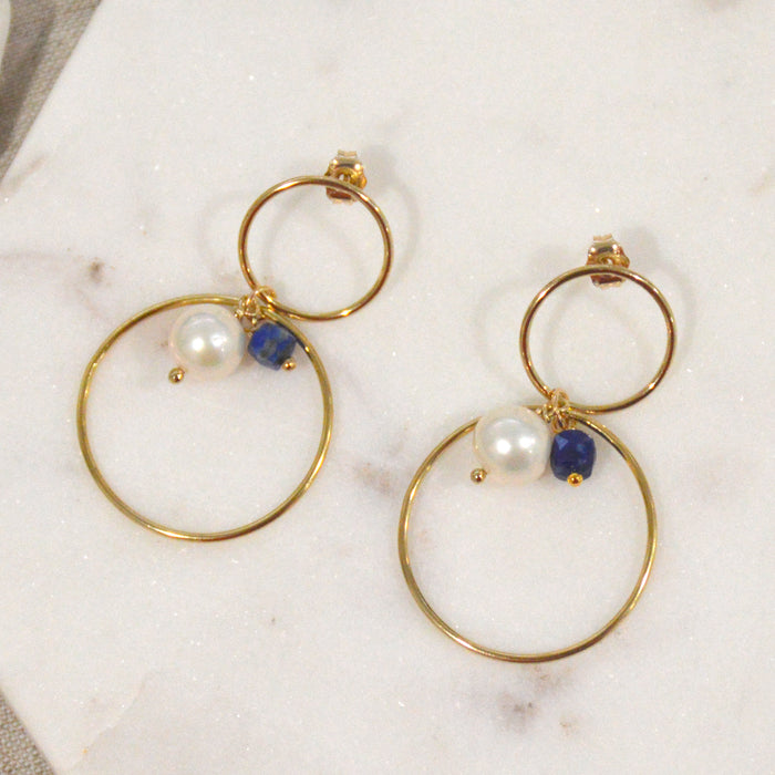 Sea Dreaming double drop ring Lapis Pearl Gold or Silver Earrings