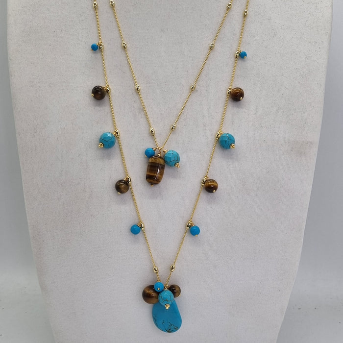 Glamour Double Layer Necklace with Turquoise Magnesite & Tigereye