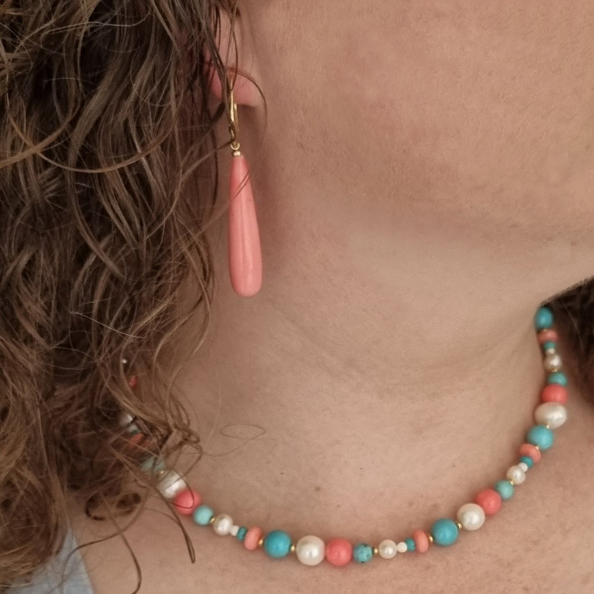 Aphrodite Turquoise, Freshwater Pearl and Coral Hoop Earrings