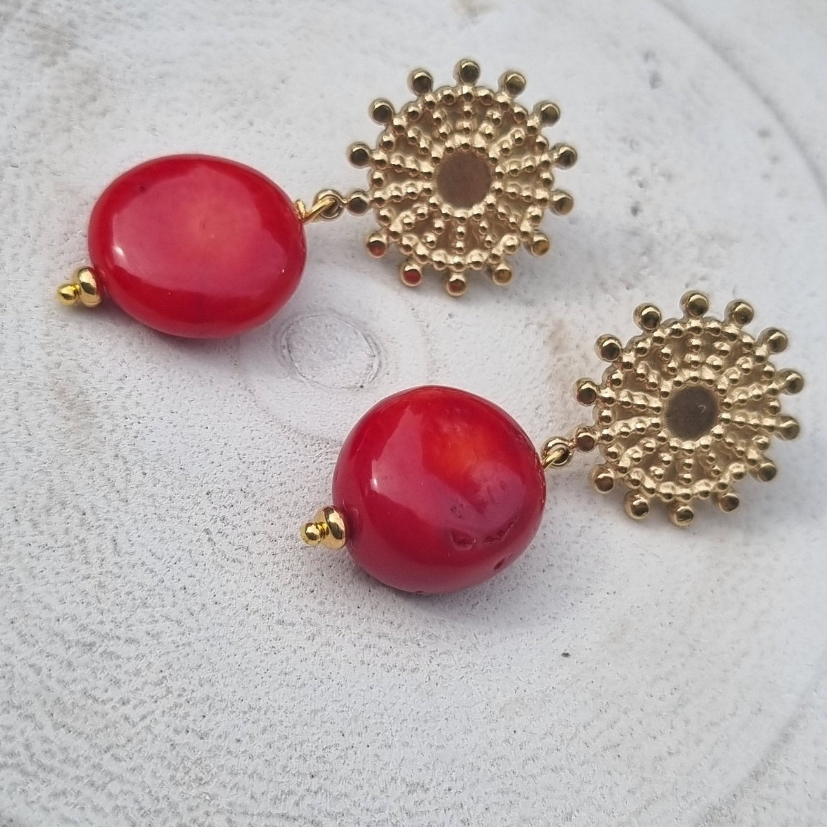 Praia Red Coral Coin Stud Earrings