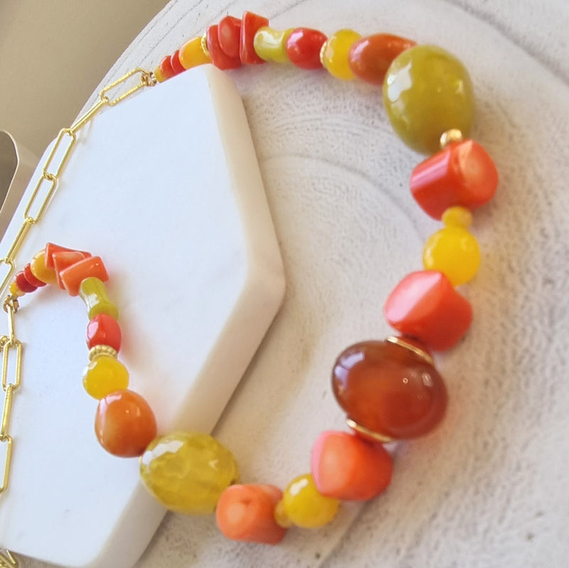 Aphrodite Citrus Carnelian, Coral and Agate Paperclip Chain Necklace