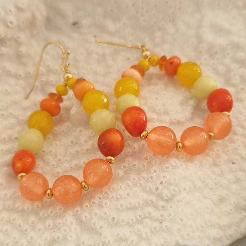 Aphrodite Citrus Coral, Carnelian, Agate and Jade Hoop Earrings