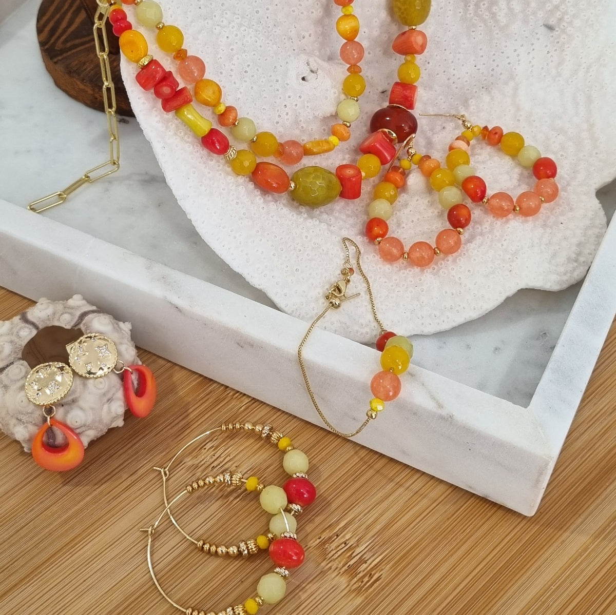 Aphrodite Citrus Agate, Coral and Jade Adjustable Bracelet