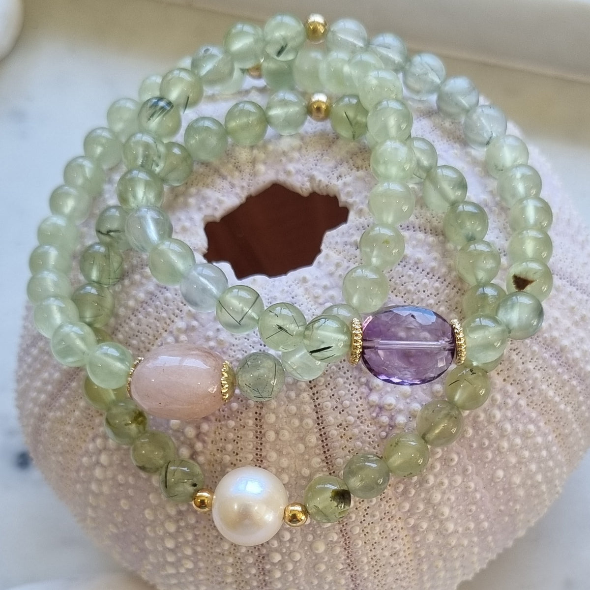 Deva Prehnite, Morganite, Pink Amethyst or Freshwater Pearl Bracelets