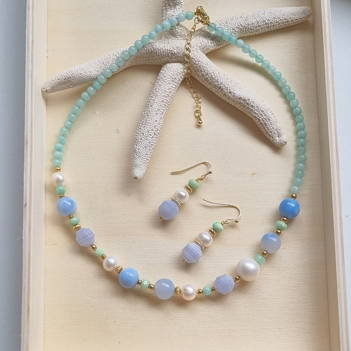 Daisy Blue Lace Agate, Freshwater Pearl and Chrysophase Necklace