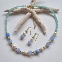 Daisy Blue Lace Agate, Freshwater Pearl Chrysophase Earrings