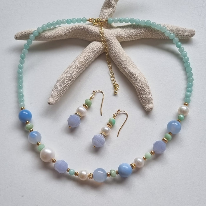 Daisy Blue Lace Agate, Freshwater Pearl and Chrysophase Necklace