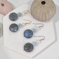 Bella Labradorite, Aquamarine & Freshwater Pearl Earring Gold or Silver