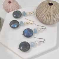 Bella Labradorite, Aquamarine & Freshwater Pearl Earring Gold or Silver