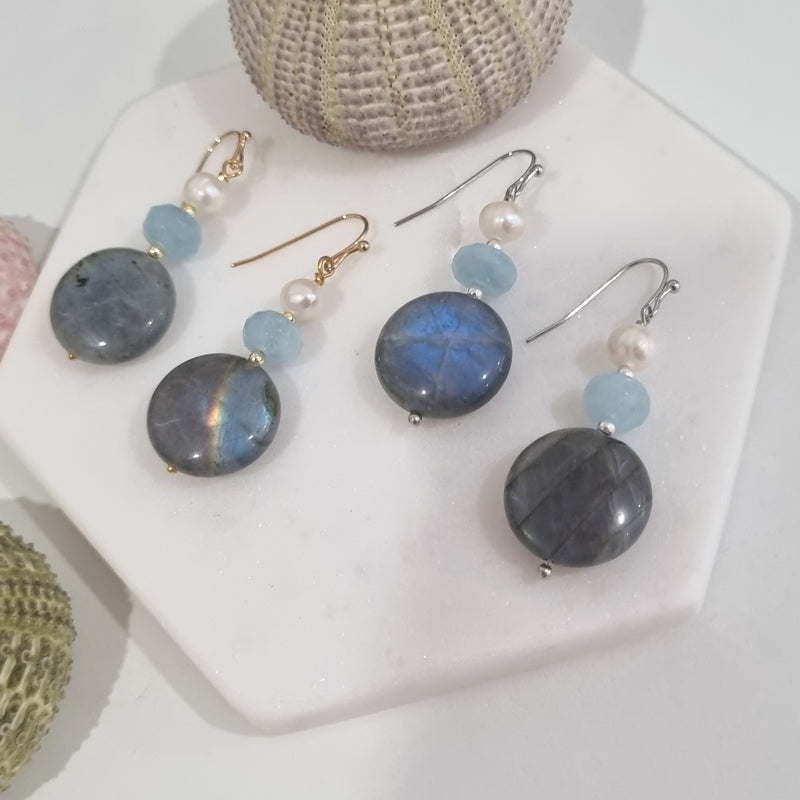 Bella Labradorite, Aquamarine & Freshwater Pearl Earring Gold or Silver