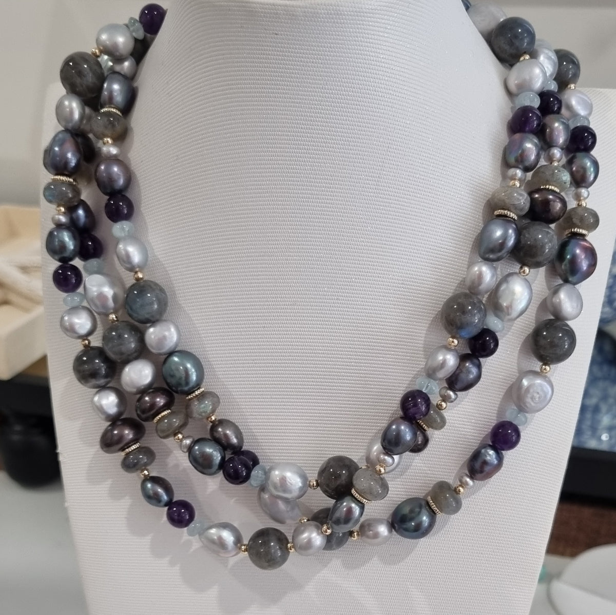 Molly Labradorite, Amethyst, Freshwater Pearl & Aquamarine necklace