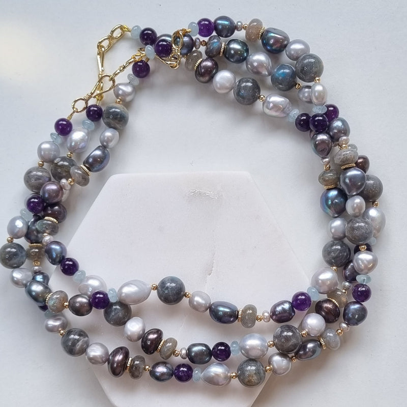 Molly Labradorite, Amethyst, Freshwater Pearl & Aquamarine necklace