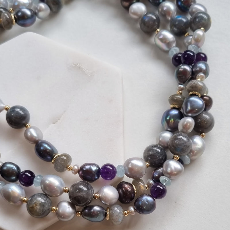 Molly Labradorite, Amethyst, Freshwater Pearl & Aquamarine necklace