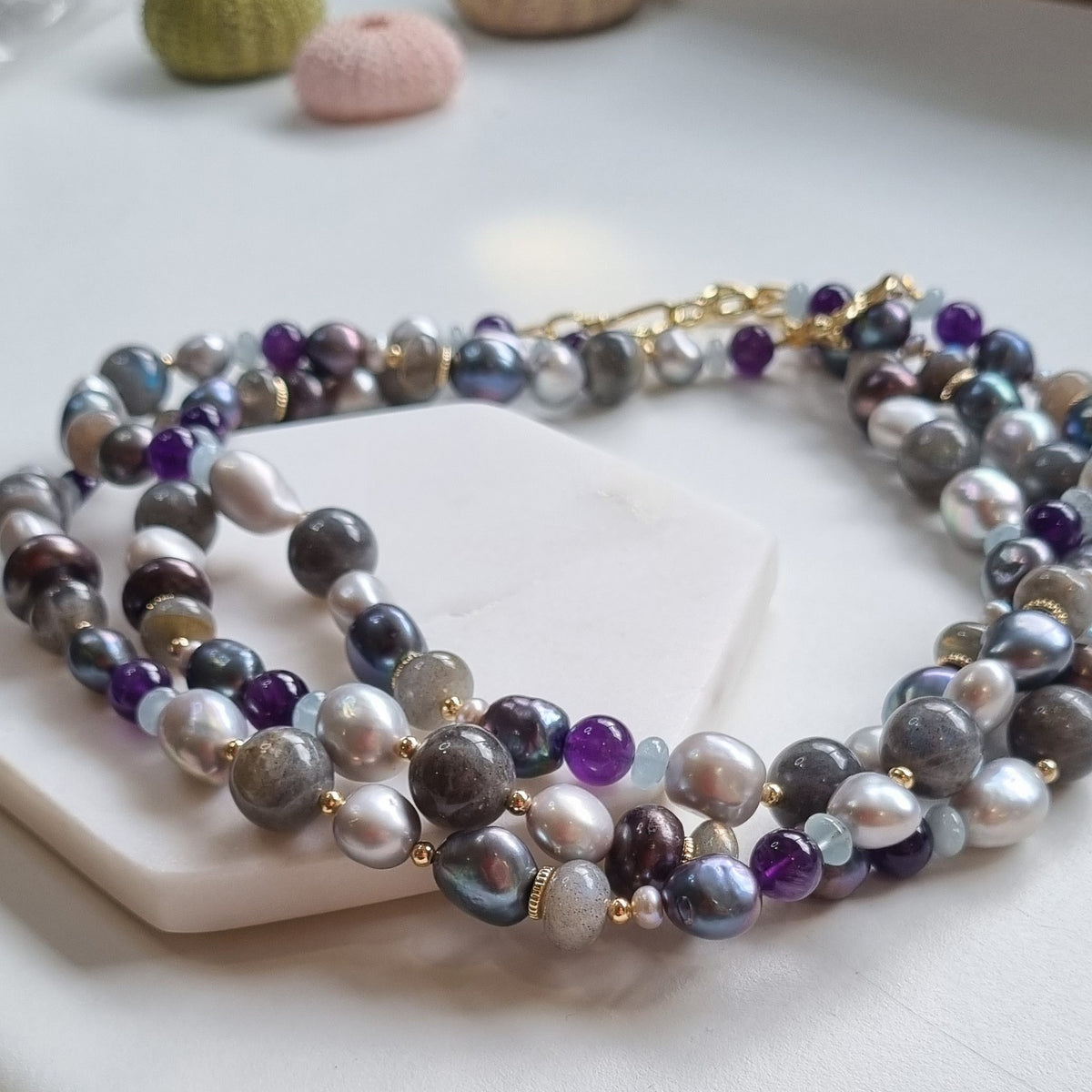 Molly Labradorite, Amethyst, Freshwater Pearl & Aquamarine necklace