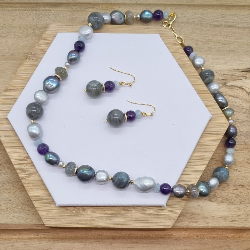 Molly Labradorite, Amethyst, Freshwater Pearl & Aquamarine necklace