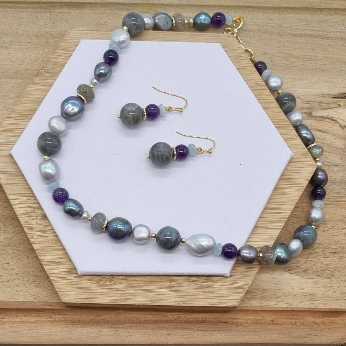 Molly Labradorite, Amethyst, Freshwater Pearl & Aquamarine necklace