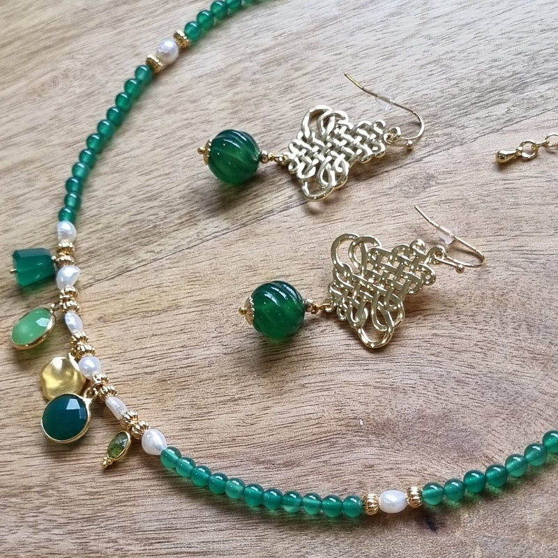 Jamalia Green Onyx and Freshwater Pearl stacking Necklaces