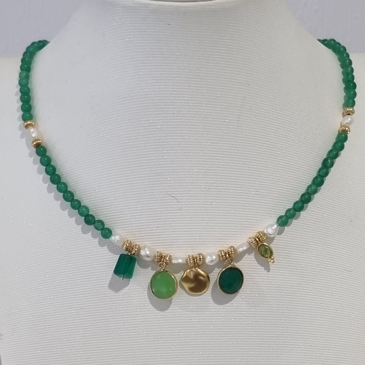 Jamalia Green Onyx and Freshwater Pearl stacking Necklaces