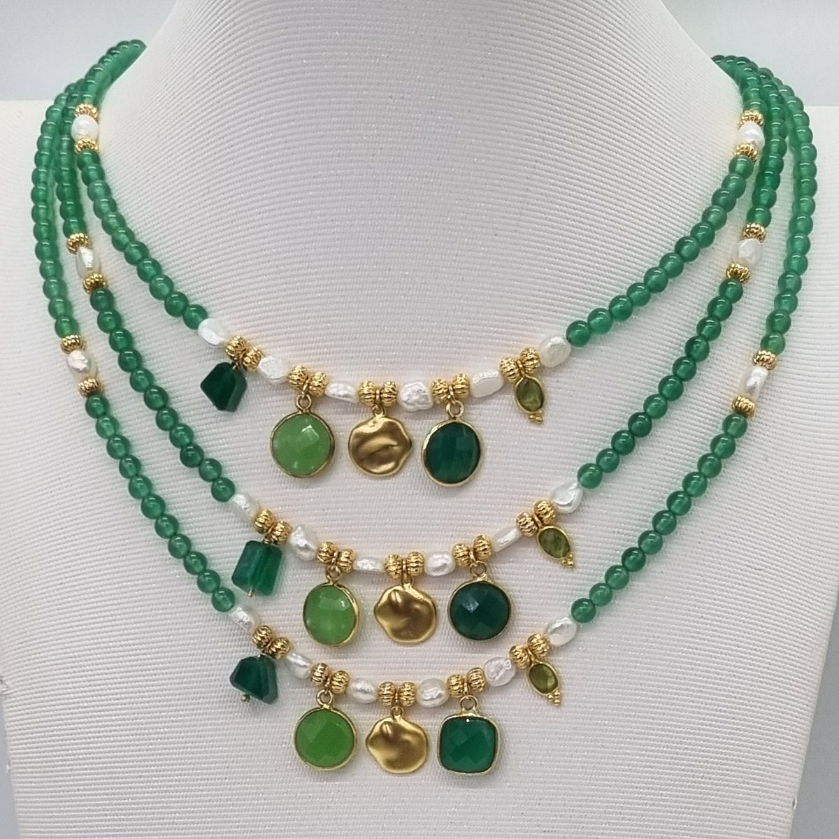 Jamalia Green Onyx and Freshwater Pearl stacking Necklaces