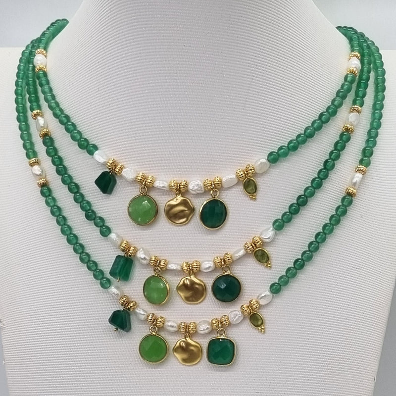 Jamalia Green Onyx and Freshwater Pearl stacking Necklaces