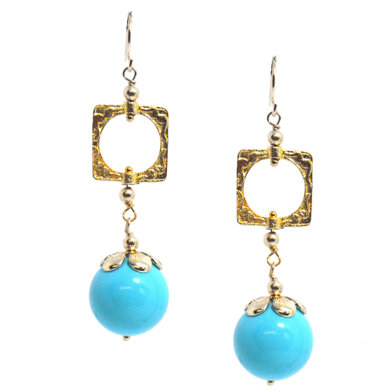 Turquoise Pearl Square Gold Earring